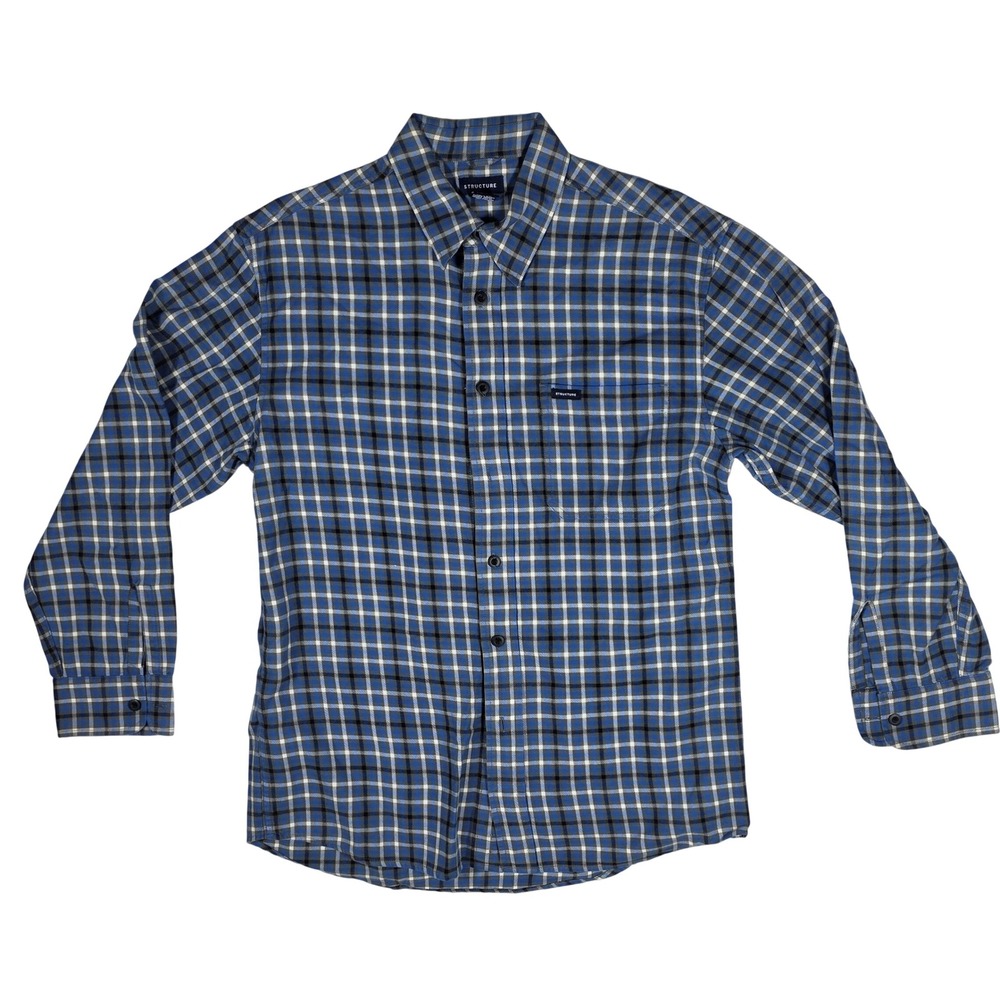 Structure Mens Blue Plaid Cotton Button Down Shirt Long Sleeve Size M